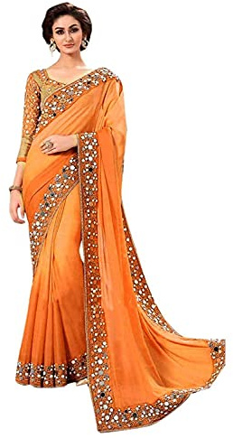 Aashita Creations Damen Georgette Saree mit Blusenteil_1219, Orange, One size