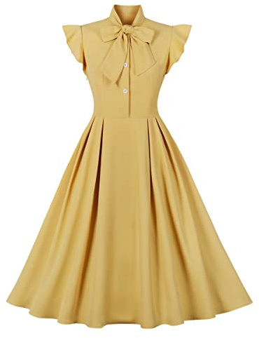 Wellwits Women's Tie Neck Ruffle Sleeves Cocktail Work Vintage Dress