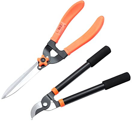 LINZI Garden Loppers Shears Set 2 PCs, Bypass Loppers 15 Inch and Hedge Shears 19 Inch as Tree and Shrub Care Kit, Garden Manual Lopping Pruners Branch Cutters (Budget)