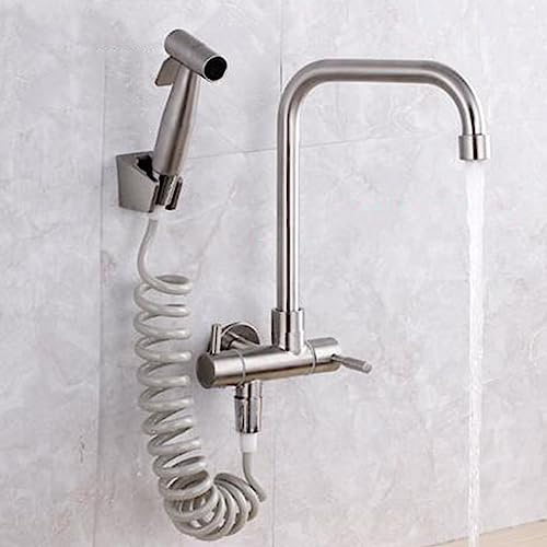 Robinet Mural Cuisine Eau Froide Acier Inoxydable Mitigeur de Cuisine Avec Douchette Mitigeur Mural Cuisine Brossé-C