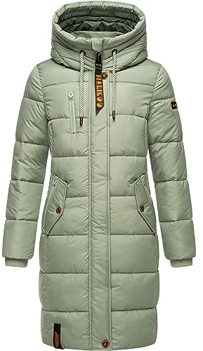 MARIKOO Damen Wintermantel warmer Steppmantel lang mit Brusttasche und verstellbarer Kapuze Yuikoo XS-3XL