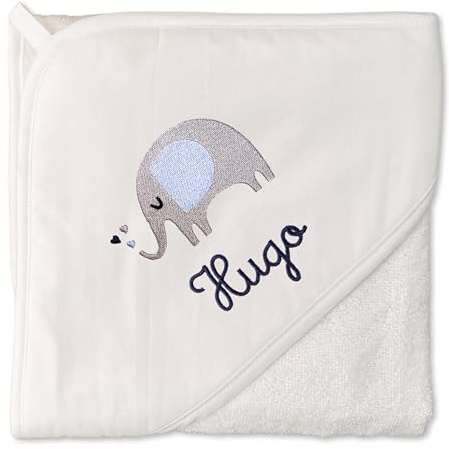 upstitch studio Weißes Kapuzenhandtuch (75x75 cm) Junge mit Namen personalisiert Bestickt aus 100% Baumwolle - Babyhandtuch, Badetuch und Kinderhandtuch