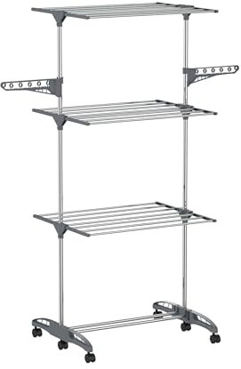 Hyfive Tendedero de ropa para interiores, tendedero de ropa de caballo, tendedero de ropa de 4 niveles, plegable, ahorro de espacio, con zapatero, de acero inoxidable, fácil almacenamiento (gris)