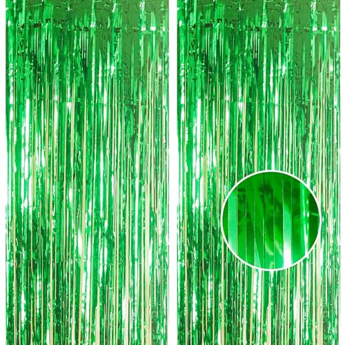 2pcs 3.2 x 8.3ft Glitter Green Tinsel Curtain Streamers Door Fringe Foil Curtain Backdrop Christmas Party Decorations for Girls Women Hen Do Birthday Graduation Party Decorations Banner Green