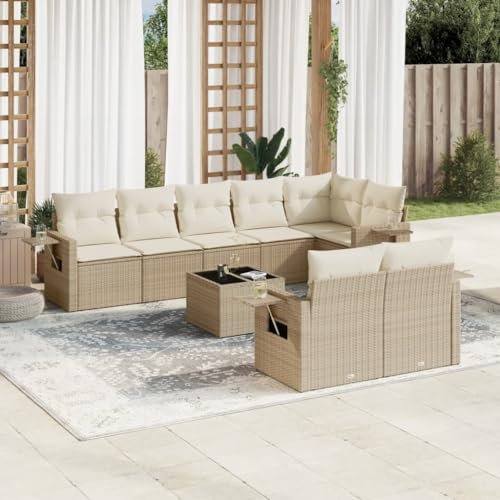 Rantry 9-TLG. Garten Sofagarnitur mit Kissen Gartensofa mit Stauraum Gartenlounge Loungesofa Balkonmöbel Gartenmöbel Rattansofa Ecksofa Sitzgruppe mit Gartentisch Gartenset Beige Poly Rattan