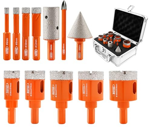 BGTEC Foret Diamanté Scie Cloche Diamantée Kit,12 pièces 6/8/10/12/20/25/28/32/35mm Forets+20mm mèche de meulage+35mm chanfreinage+6mm Foret en carbure pour Granit Marbre Porcelaine Carrelage