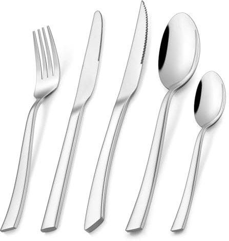 Onader Cutlery Set with Steak Knives, 30 Pieces Stainless Steel Flatware Set Includes Knives Forks Spoons, Elegant Metal Silverware Set Service for 6, Mirrored Polished & Dishwasher Safe