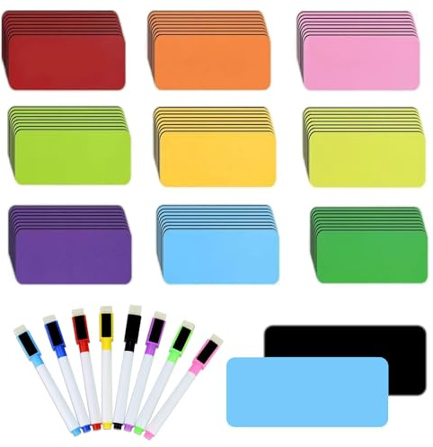 Mecmbj Magnetstreifen Beschreibbar, 8 × 3 cm, mit 8 Löschbaren Stiften | 72 Stück, Magnetschilder zum Beschriften, 9 Farben, Magnete Beschreibbar, für Whiteboards, Magnettafeln, Kühlschränke