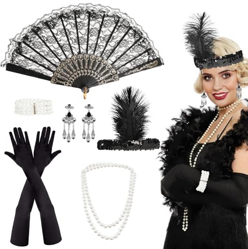 7 st 1920-talet kostym damset, Great Gatsby tillbehör damer, 20-tals mode maffia kostym kvinnor med pannband, handskar halsband, örhängen, vikbara fack, karnevalkostymer för fest, bal