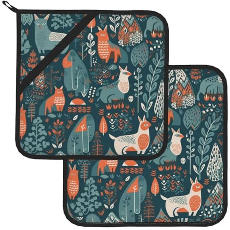 Topflappen-Set, hitzebeständig, mit Aufhängeschlaufe, skandinavische Tiere, Topflappen-Set, waschbare heiße Pads, rutschfeste Topflappen zum Kochen, Backen, Grillen, 20,3 x 20,3 cm, 2 Stück