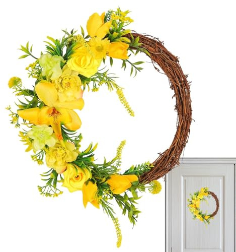 Corona di fiori gialli, corona di fiori artificiali,Corone porta gialle per autunno e primavera | Corona di fiori artificiali da 13,7 pollici per parete, finestra
