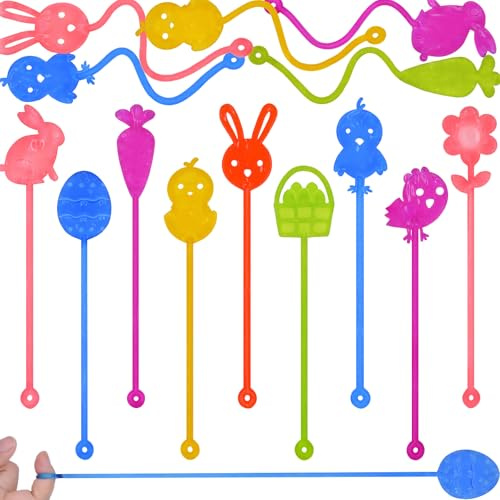 Menzcci 24 Pack Easter Sticky Hand Toys, 9 Styles Easter Egg Chick Bunny Carrot Flower Basket Sticky Stretchy Toys for Kids Boys Girls Easter Basket Stuffers Party Favors Gifts