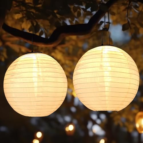Bawoo Lot de 2 Lampions Solaires d'extérieur Résistants aux Intempéries - 30 cm - LED Lanternes Solaires Jardin Étanche - Blanc Chaud - Lanterne Solaire Suspendue pour Patio Terrasse Cours