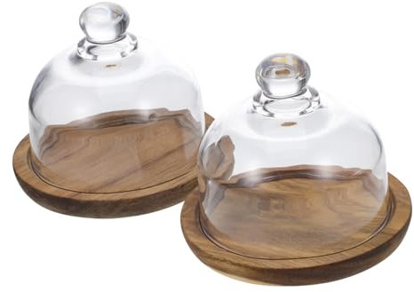 KOCKSHION Lot De 2 Assiettes à Gâteau 10 Cm En Acacia Avec Cloche En Verre Hermétique, Plateau En Bois Naturel, Préservation Fraîcheur Des Desserts, Utilisation La Cuisine Et Présentation Repas