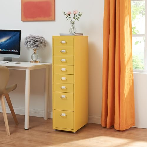 [en.casa] Rullbehållare Kökar lådskåp metall arkivskåp med 8 lådor kontorsvagn med hjul för arbetsrum 109 x 28 x 41 cm gul