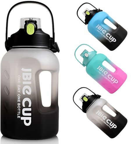 2,2 Liter Große Trinkflasche – Gym Flasche mit Strohhalm, Tragegurt & Zeitmarkierung, Auslaufsichere Sportflasche mit Zwei Ausgießern für Fitness, Wandern, Camping, Büro und Schule (Schwarz und Grau)