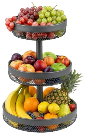 eluno 3-vånings rund fruktskål / brödkorg, diametrar 20 cm, 25 cm och 30 cm, fruktskål, för frukt, grönsaker, bröd och snacks i kök och vardagsrum, i metall, grå