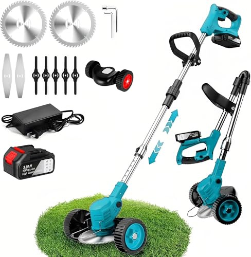 Akku Rasentrimmer, 21V Rasentrimmer mit 3,0Ah akku & Ladegerät, Freischneider Akku, Faltbar & Teleskopfunktion von 100-135 cm, mit 10 Zubehörteilen, Freischneider für Garten, Rasen (Blau mit 1 Akku)