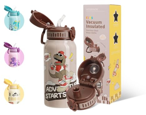 UZSPACE Gourde Isotherme Enfant avec 2 Bouchons - Bouteille Isotherme 550ml - Gourde à Paille Étanche - Pour École, Sport et Activités - Filles et Garçons, Marron