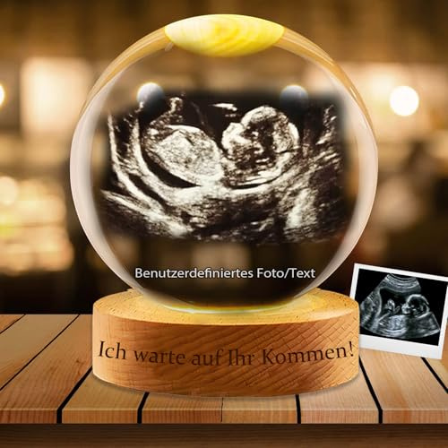 Personalisierte Ultraschall Foto Kristallkugel Glaskugel mit Gravierten Fotos Text Optionalen Schneekugel Basis Geschenk für Schwangerschaftsankündigung