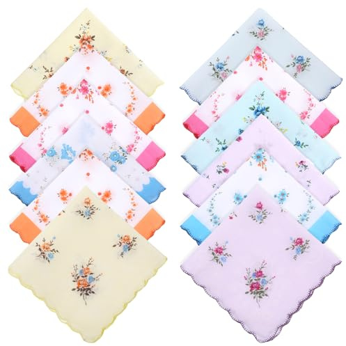 12 Pcs Ladies' Vintage Floral Handkerchiefs 11.8 inch Embroidered Handkerchiefs Soft Polyester Ladies Hankies Sweat Handkerchief Wavy Edge Fabric Hanky for Women Ladies Wendding Tea Party
