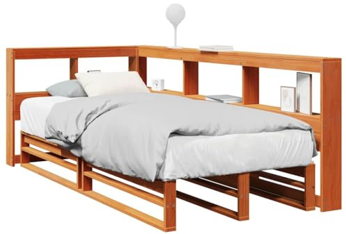 Kaloriko Massivholzbett mit Regal, Wachsbraun 90x200 cm, Kiefernholz Bettrahmen mit Lattenrost, L-förmigem Kopfteil, Stauraum für Schlafzimmer Möbel