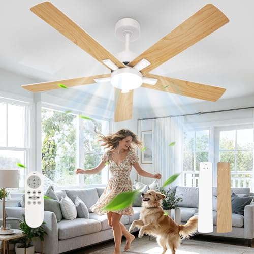 Comely Ventilateur de Plafond 132 cm avec Lumière Télécommande, 6 Vitesses Silencieux, 3 Températures Couleur, Moteur DC Réversible Été/Hiver, Ventilateur Plafond Vintage Chambre Cuisine, Bois Clair