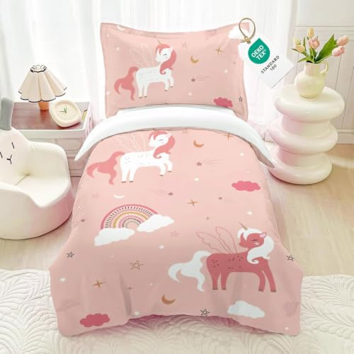 HOMHOMHA Einhorn Bettwäsche 100x135 cm Rosa mit Kissenbezug 40x60 cm - Bettwäsche Kinder, Einhorn Druck, Kuschelweich, Schlafzimmer Dekor