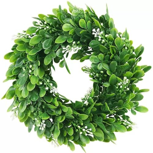 Künstlicher Buchsbaumkranz 35cm Haustürkranz, Grüner Wandkranz mit weißen Beeren, Wanddekoration für Hochzeit Party & Heim