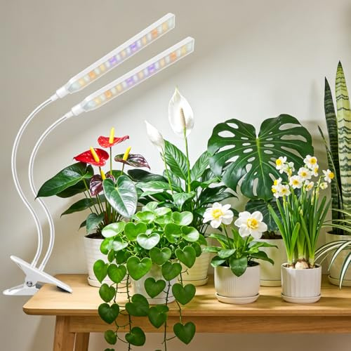 Kullinss Lampe de croissance blanche à 2 têtes à clipser pour plantes d'intérieur avec minuterie de 6/12/16 h, 3 modes de couleur, 5 niveaux à intensité variable, 114 LED à spectre complet pour