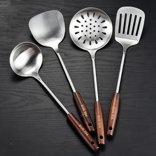 Utensilios de cocina, Espátula y cucharón para wok, cuchara espumadera, juego de espátulas giratorias ranuradas,acero inoxidable 304 con mango de madera maciza, juego de 4 piezas (Plata)