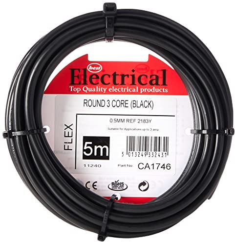 Merriway BH01494 3-Core Round Black Flexible Cable 2183Y 0.5 mm - 5 Metre Cut Length
