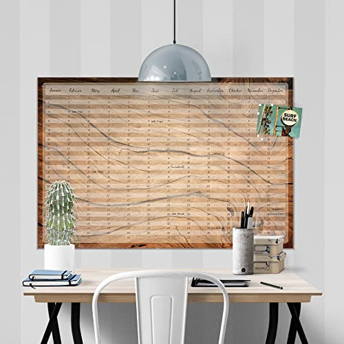 banjado® Wandkalender abwischbar aus Glas 60x40 cm/Jahresplaner abwischbar mit Motiv Maserung im Holz/langlebiger Jahreskalender, Urlaubsplaner & Familienplaner abwischbar