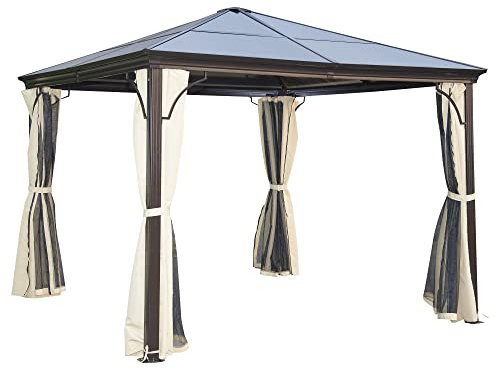 Outsunny 3 x 3(m) Hardtop Gazebo Canopy with Polycarbonate Roof and Aluminium Frame, Garden Pavilion with Mosquito Netting and Curtains, Brown