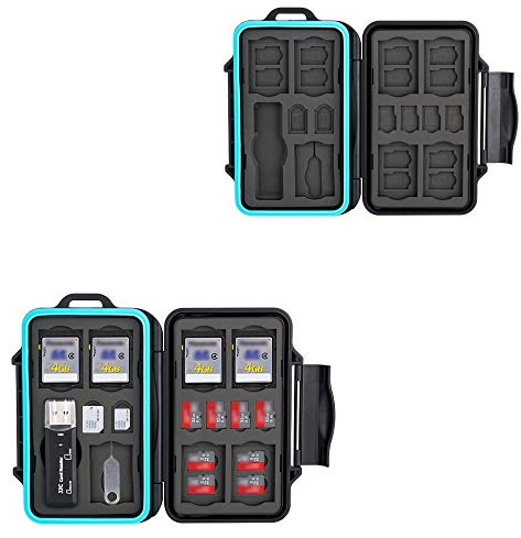JJC Estuche Impermeable para Tarjetas de memorias: 16 x Tarjetas Micro SD SDHC SDXC + 7 x Tarjetas SD SDHC SDXC con USB 3.0 Lector Tarjetas y Mosquetón