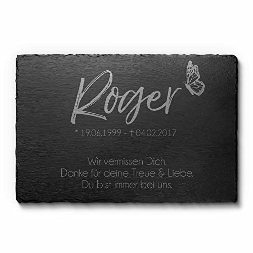 Grabstein Gedenkstein aus Schiefer Grabplatte mit Gravur Schmetterling 30x20 cm | Gedenktafel für Menschen oder Haustiere Hund Katze personalisiert | Gedenkplatte Grabschmuck Urne Andenken wetterfest