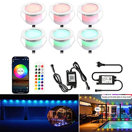 6er WIFI RGB LED Bodeneinbauleuchten Terrassen Bodenstrahler Terrassenbeleuchtung Arbeitet mit Alexa, Google Home,RGB Ø45mm IP67 Wasserdicht 0.5W LED Einbaustrahler rgb Full Kit