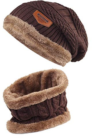 Momoon tjock mössa hatt + halsduk set vinter varm snö stickad skalle mössa för barn pojkar flickor (lämplig för 6–14, kaffe, En Storlek
