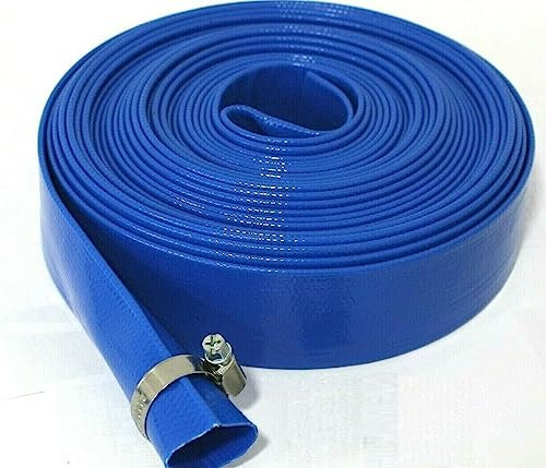 Blue Layflat Water Discharge Hose Pipe Pump Irrigation - 25mm (1) Bore x 10 Metres Long. with Free Stainless Steel Hose Clip