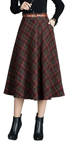 RIZ-ZOAWD Jupe Femme Longue Jupe plissée Élégant Laine Hiver Chaud Taille Haute Midi A-Ligne Jupe Courroie Assortie (S, Plaid Rouge)