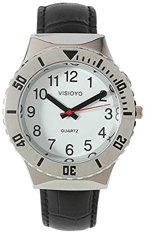 Orologio parlante inglese con sveglia, data e ora parlante, quadrante bianco, cinturino in pelle nera TEBW-1601U