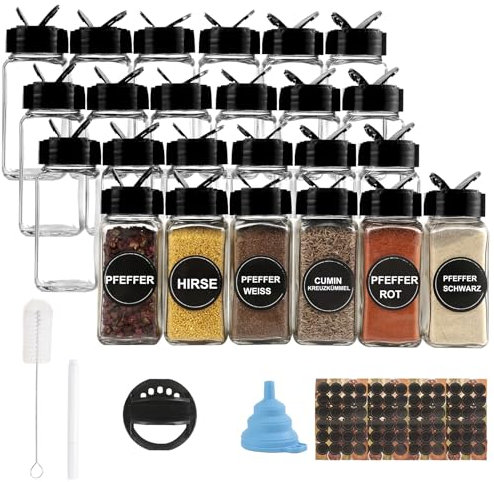24er Gewürzgläser Set,120ml Glas Gewürzdosen eckig Aufbewahrung mit Schwarz Deckel, Trichter, Bürste, Etiketten & Kreidestift,10,5 x 4,3 cm