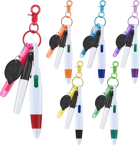 Chinco 30 Pcs Retractable Shuttle Pen Clip with Mini Highlighter Nurse Badge Pen Neon Marker LED Keychain Ring Clip (Plain, Mix Color)