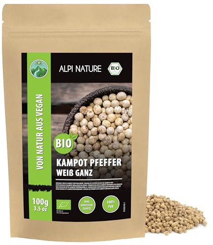 Alpi Nature Kampot Peppar Vit BIO 100g, Ekologisk Hela Pepparkorn, Kampot Vitta Pepparkorn