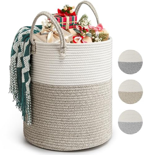 Rieeyrslza Corbeille à Linge en Coton Tissé D35 x H40 CM Panier de Rangement en Corde de Coton 39L Pliage Grande Capacité Corbeilles à Linge Avec Anse Convient à la Décoration Intérieure (Marron)