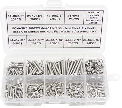 MCMASKE 280PCS #4-40 UNC Stainless Steel Socket Head Cap Screws Hex Nuts Flat Washers Assortment Kit