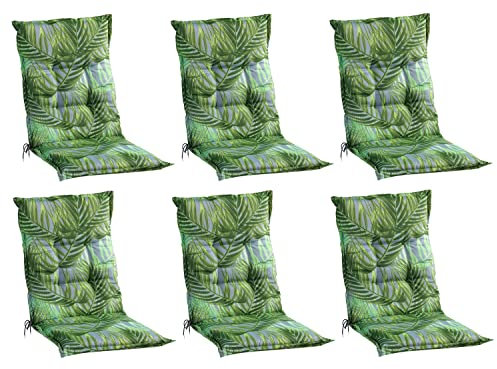 Home4You Gartenstuhlauflagen Mittellehner 6er Set - 110 x 50 cm - Grün - Baumwolle - Polyester - Palmenmuster - Sesselauflage Sitzpolster Stuhlauflage