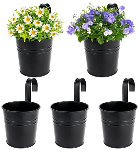 BOFUNX Lot de 5 Pots de Fleurs à Suspendre 10cm en métal Noir avec Crochet Amovible Panier à Planter Trou de Drainage pour Jardin Balcon Terrasse Clôture (5PCS,Noir, 10cm)