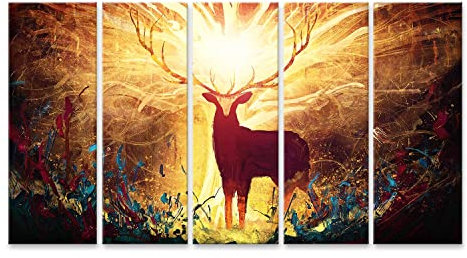 islandburner Bild auf Leinwand Fantasy Magischer Wald Hirsch Große Goldene Hörner Bilder Wandbilder Poster BWLV-5P