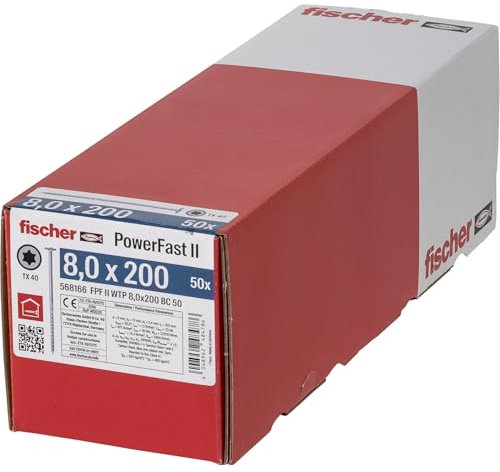fischer PowerFast II WTP 8,0 x 200, kraftvolle Holzbauschraube mit Tellerkopf, Innenstern-Aufnahme und Teilgewinde, für den konstruktiven Holzbau, 50 Stk.